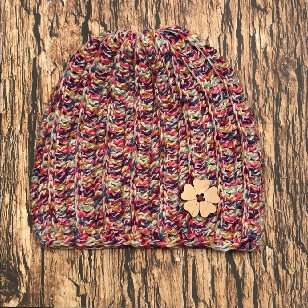 Winter beanie hat wood flower button handmade hand crochet by me
